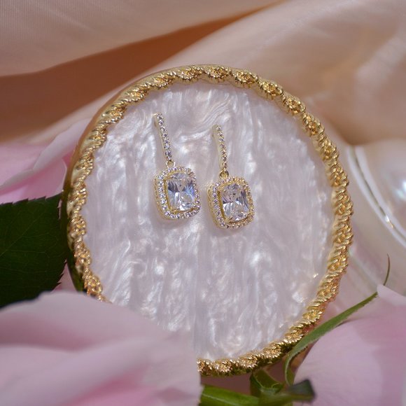 NEW 14K Gold Plated Diamond Halo Drop Earrings - Picture 3 of 5